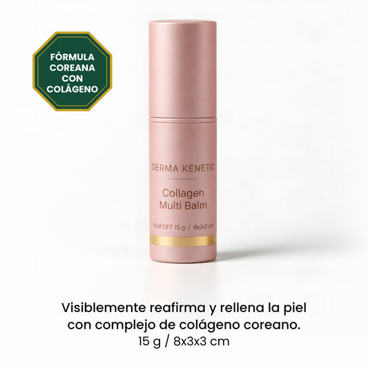 Bálsamo Multizona de Colágeno en Barra de Derma Kenetic, envase rosa de 15 g con banda dorada, sobre fondo blanco
